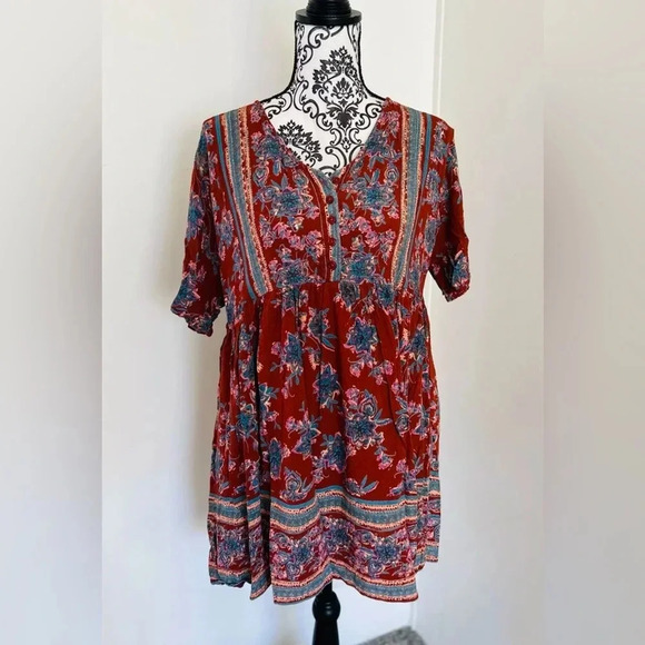 NWT Angie Women’s Brown Blue Floral Short Sleeve Boho Peasant Mini Dress Size M - Picture 1 of 9
